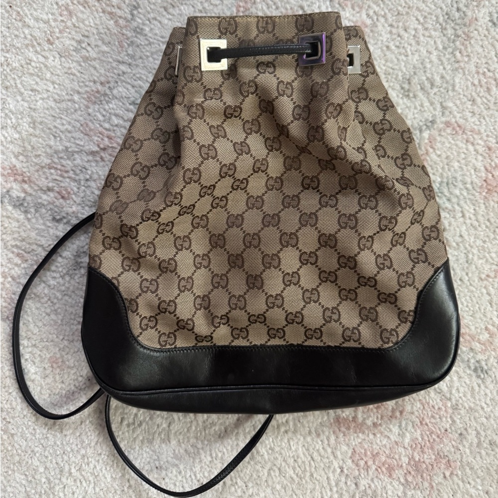 Authentic Vintage Gucci Monogram Small Drawstring Backpack Dark Brown
